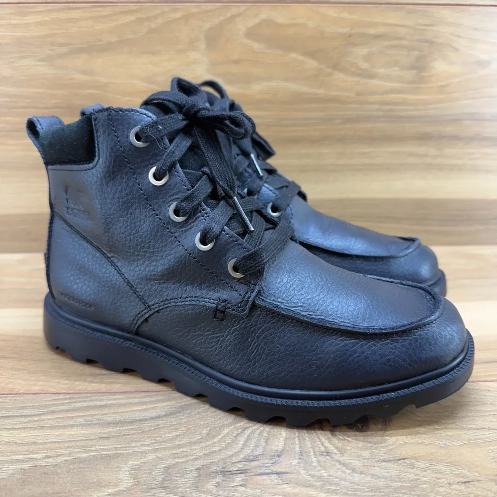 SOREL Madson Moc Toe Boots Youth Size 3 Black Leather Waterproof Lace up